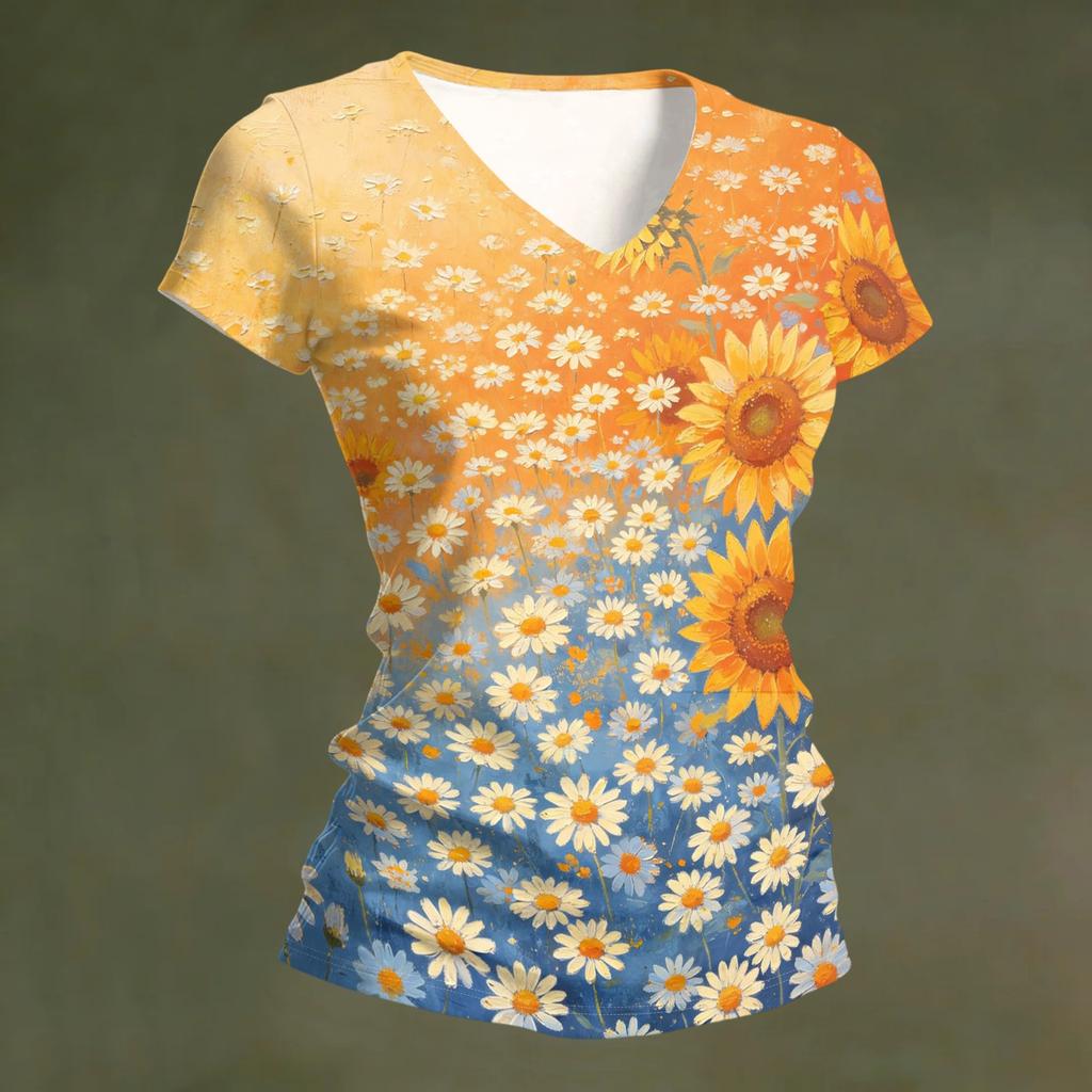 Women's Casual V Neck Short Sleeve Floral Print T Shirt Top Lightweight Breathable Summer Tee Shirt for Daily Wear