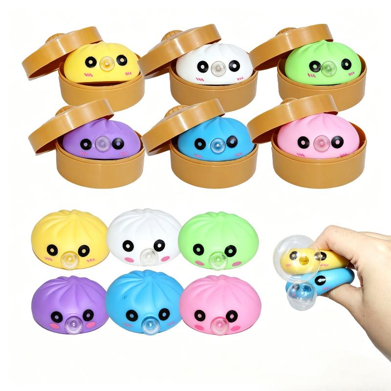 Cute Bubble-Blowing Squeeze Bun With Steamer Basket Toy Squishy Dumpling Stress Relief Fidget Toy Gift