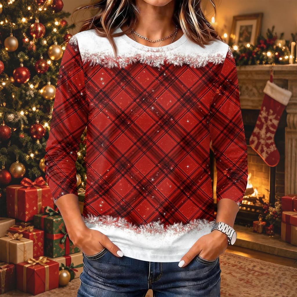 Women's Christmas Print Long Sleeve Neck Pullover Top