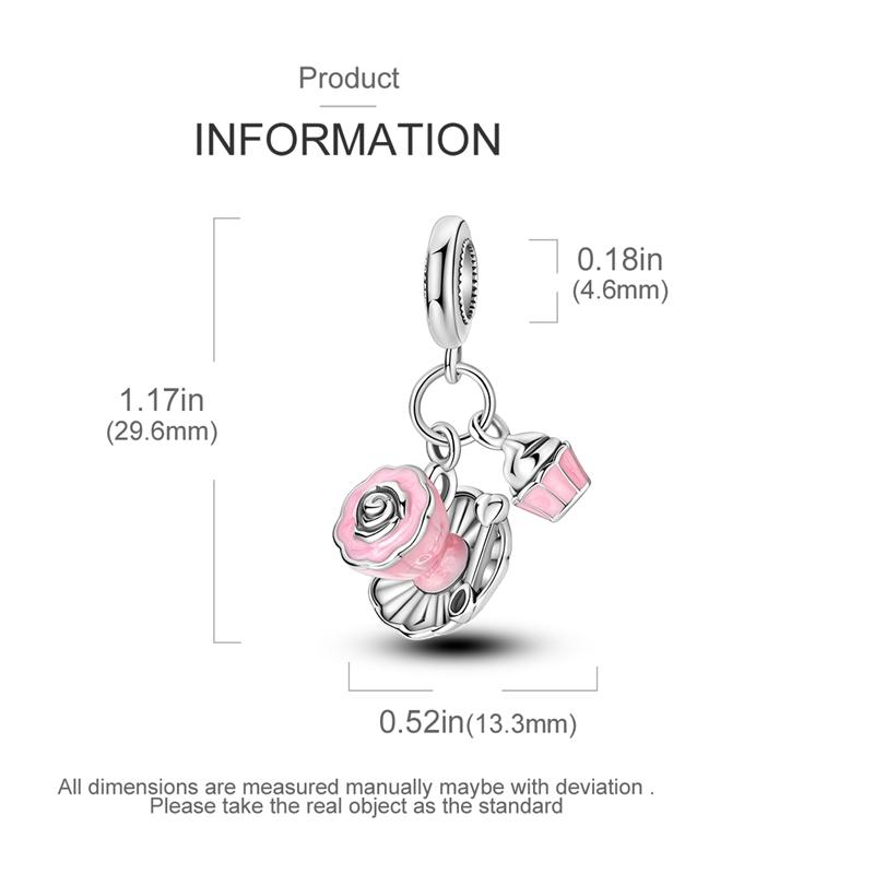Charms Copper Pink Flower Tea Cups Cake Pendants Beads Fit Charms Plata Original Bracelet Beads Women Jewellery Making