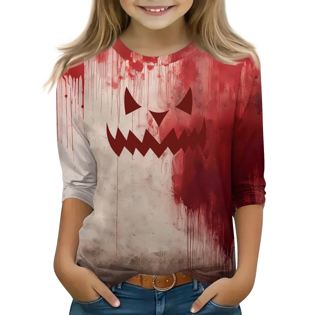Kinder 3/4-Ärmel Tops Lässiges Halloween-Print T-Shirt Rundhals Pullover Bluse