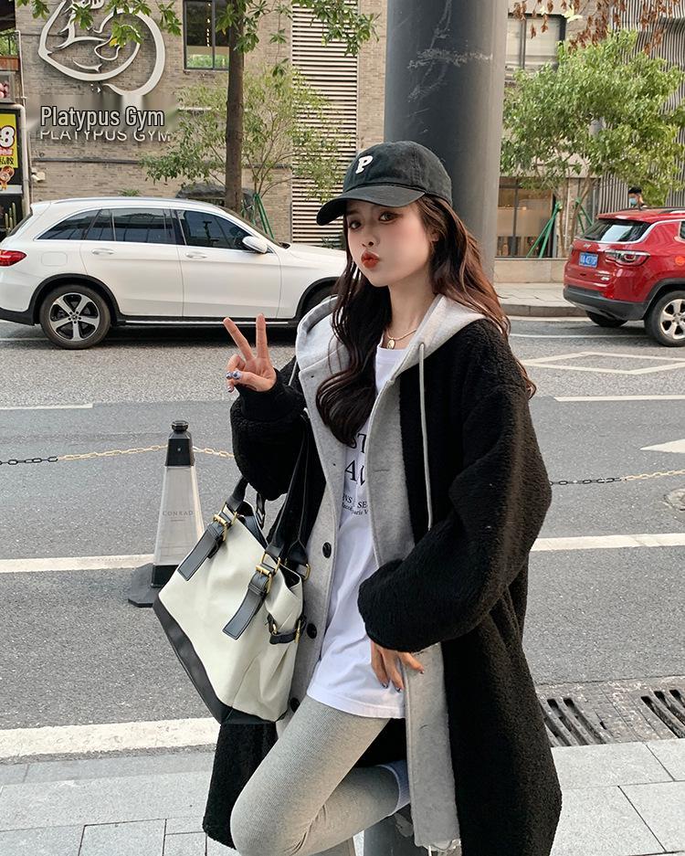 

Женское полупальто средней длины из искусственной овечьей шерсти, двухпредметное, большого размера, свободного кроя, высококлассного дизайна XL чёрный