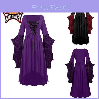 Vintage Gothic Witch Cosplay Retro Fancy Dress Costume Long-sleeved Skull Patterned Large Swing Skirt