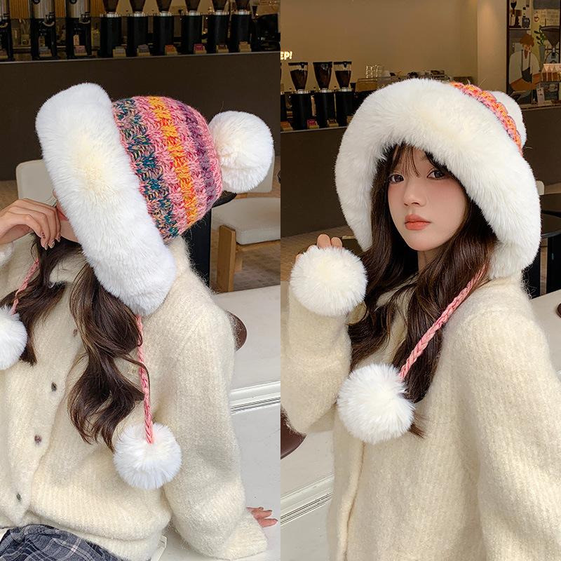 Autumn and Winter New Wool Hat Women's Warm Ear Protection Windproof Big Head Circumference Piled Thickened Hairball Knitted Hat