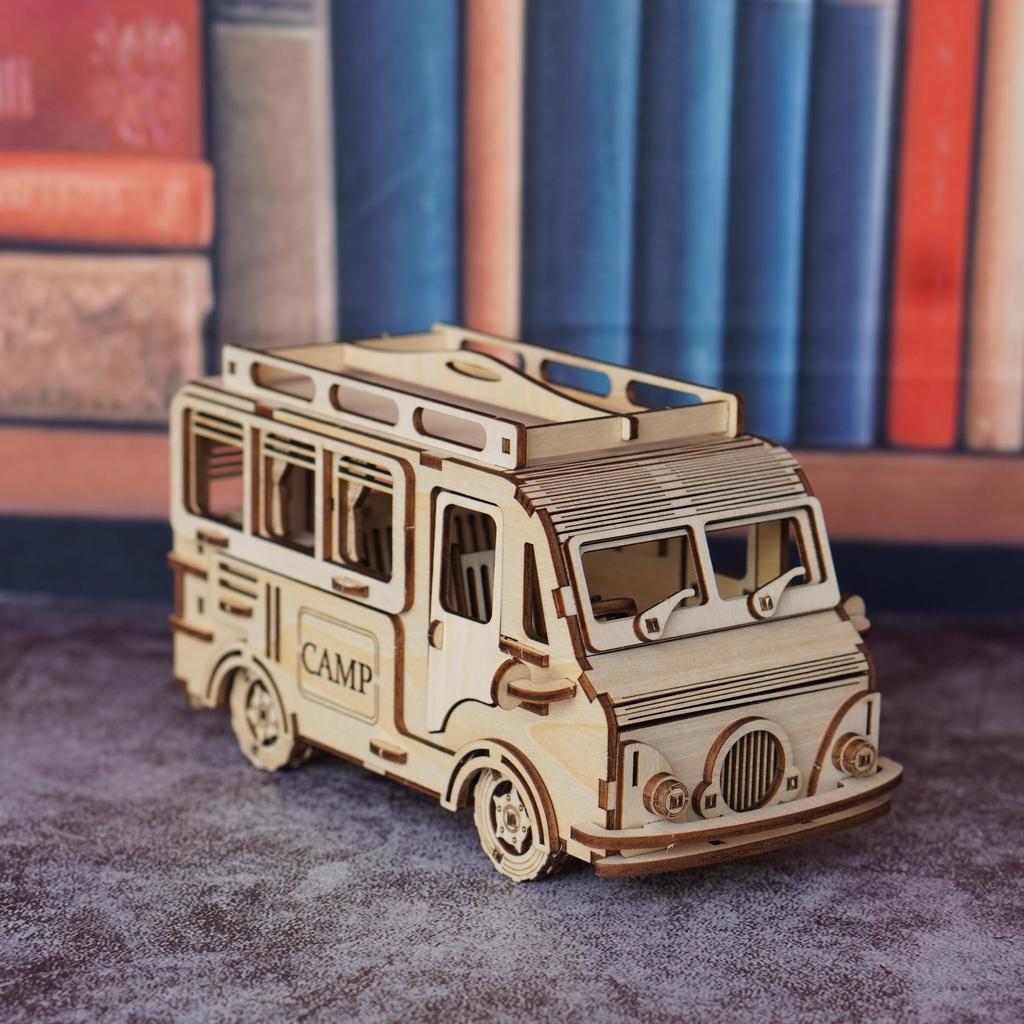 3D puzzle toy wooden camping car model, travel style RV model, suitable for interactive and creative DIY toy gifts with family