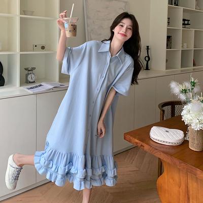 Plus Size Patchwork Casual Shirt Dresses Summer Short Sleeve Loose Solid Pleated Midi Dress Korean Women Clothing