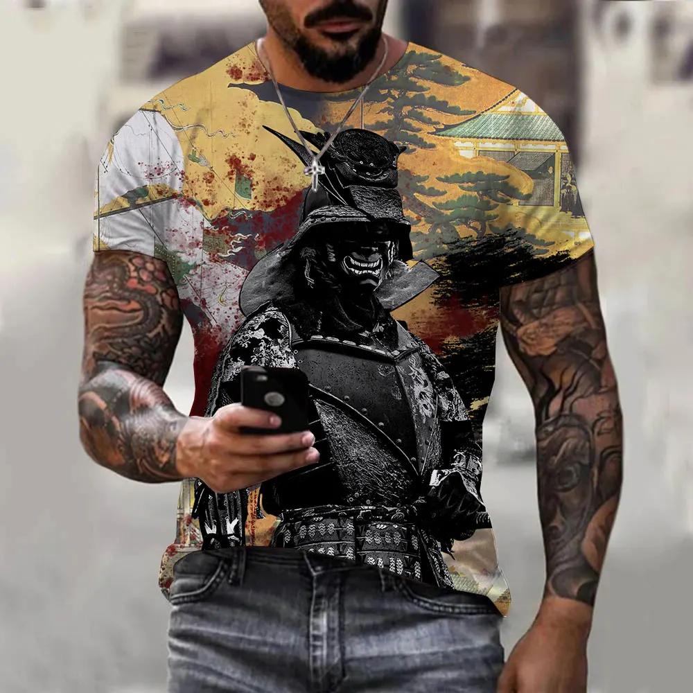 Summer Trend Retro Japanese Samurai Pattern T-shirt Personality Men's T-shirt Harajuku Round Neck Short Sleeve Top T-shirt