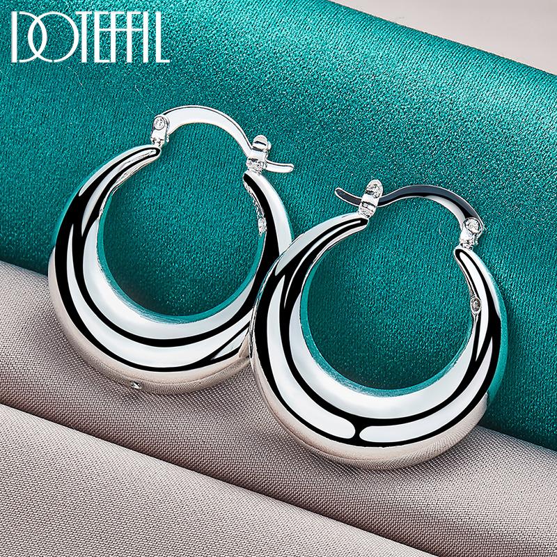 925 Sterling Silver Round Smooth U-shaped Large Ring Earrings Fashion Jewelry