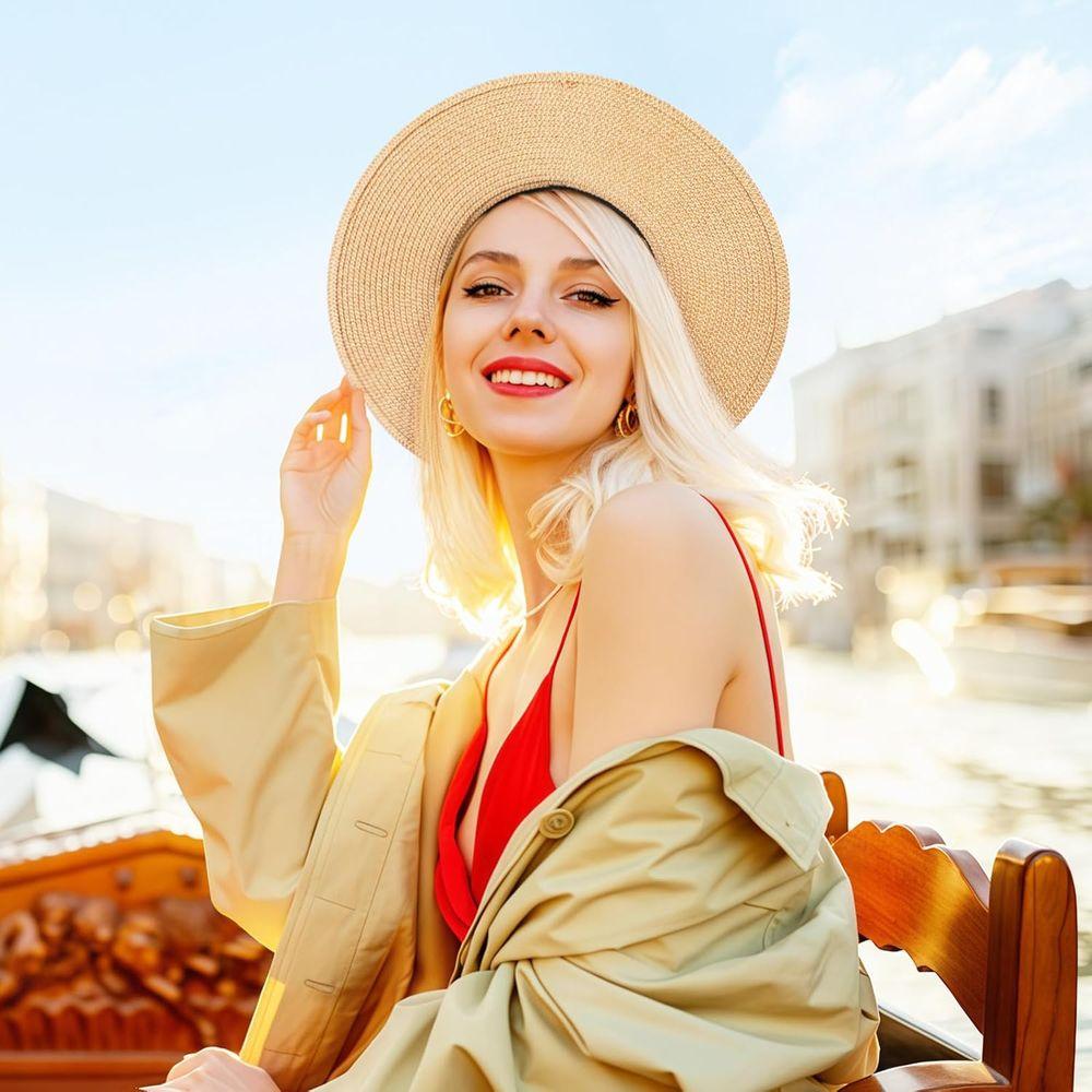 Wide Brim Women's Sun Hat with Roll-Up UV Protection and Wind Lanyard