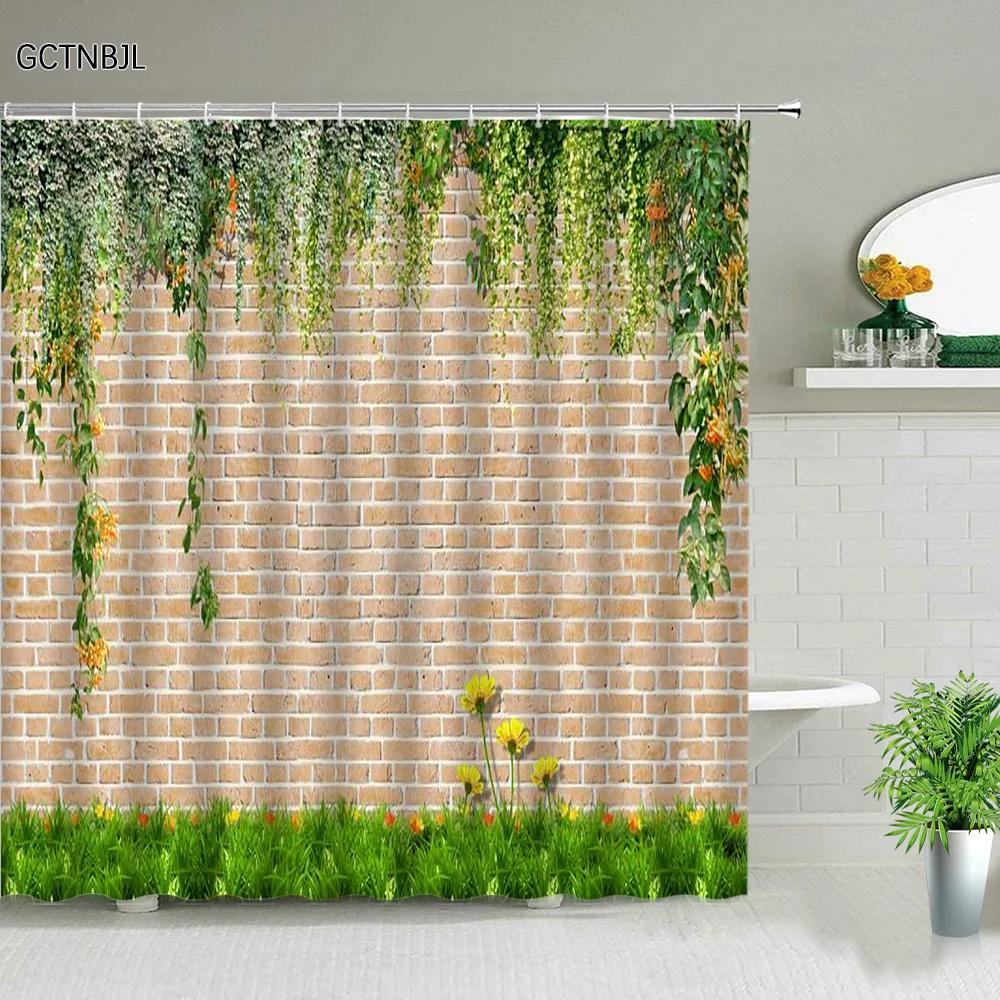 Flowers Green Plants Shower Curtains Set Bathroom Decor Garden Background Wall Hanging Cloth Washable Bathtub Screen With Hooks