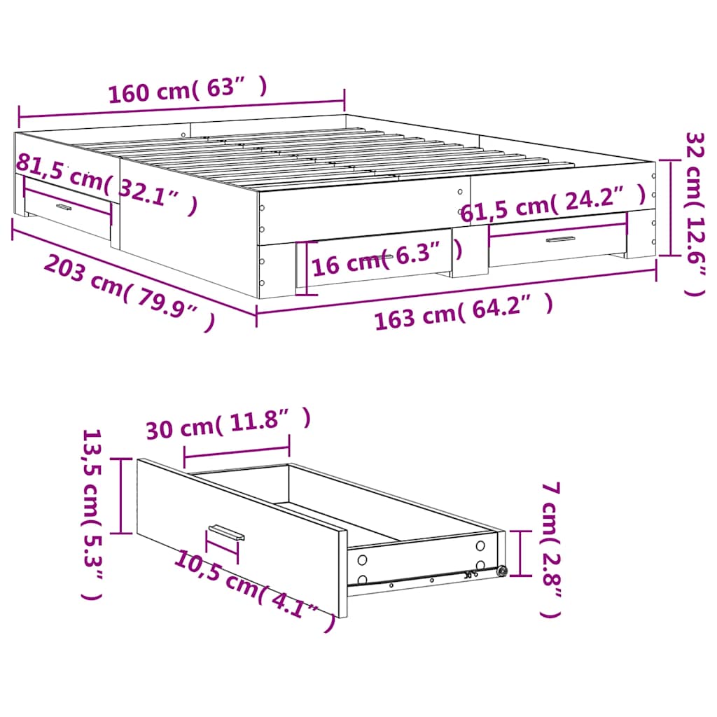 Bed Frame with Drawers Smoked Oak 160x200 Cm Wood Based Material