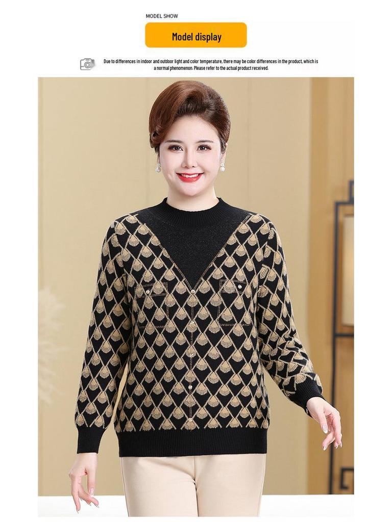 Plus Size Warm Knit Pullover for Women - Autumn/Winter Round Neck Sweater for Middle-aged & Elderly