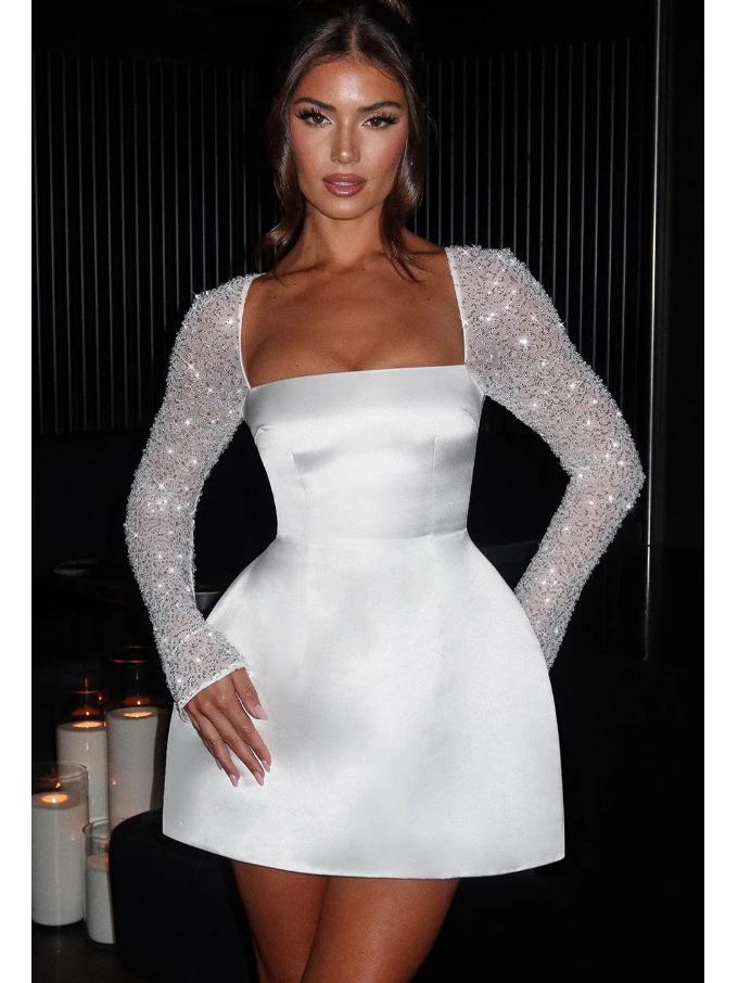 Elegant Solid Color A-Line Dress with Square Neck & Lace Patchwork - Winter 2024 Collection