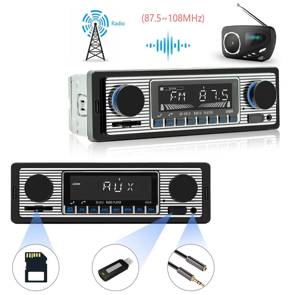 1din 5513 Car MP3 Player with FM Modulator, Bluetooth Music, Vintage Audio, USB Stereo Radio with AUX Function, Hands-Free AUX