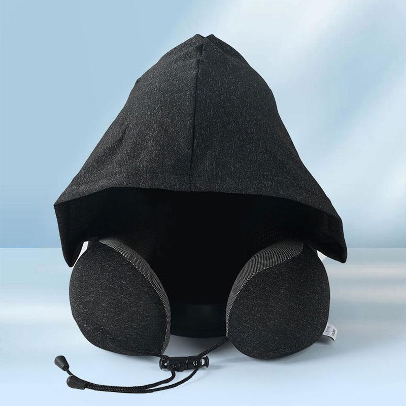Memory foam-supported foldable travel neck pillow with stress-relieving U-shaped super soft contour hooded travel wrap pillow