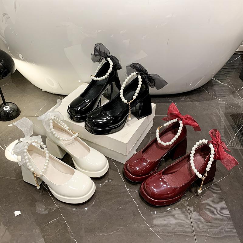 Fashion High-heeled Non-slip Women's New Fashionable and Versatile Foreign-style Pearl Mary Jane Shoes in Spring 2025