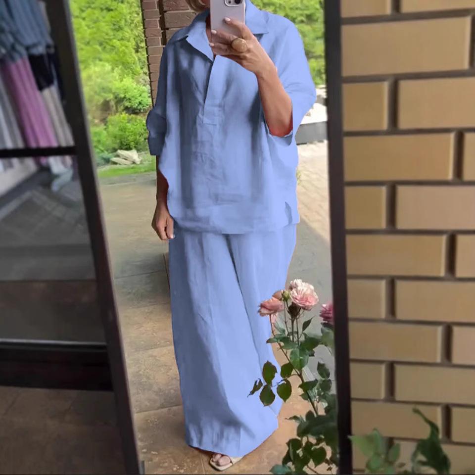 Autumn New Women's Two-piece Shirt Set Plus-size Shirt Set High-waisted Loose Trousers