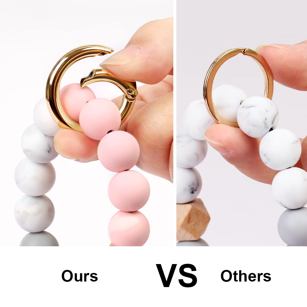 UpUDo Keychain Bracelet Wristlet, Silicone Beaded Key Ring Bracelet with Card Wallet, Elastic Key Ring Bangle for Women, Rose Gold, Large