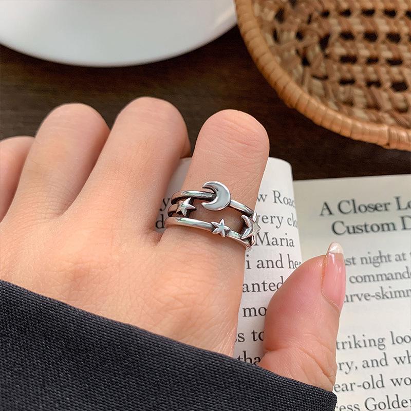 Lan Zhi Star Moon 925 Sterling Silver Women's Hip Hop Open Ring - Non-fading, Unique Design.