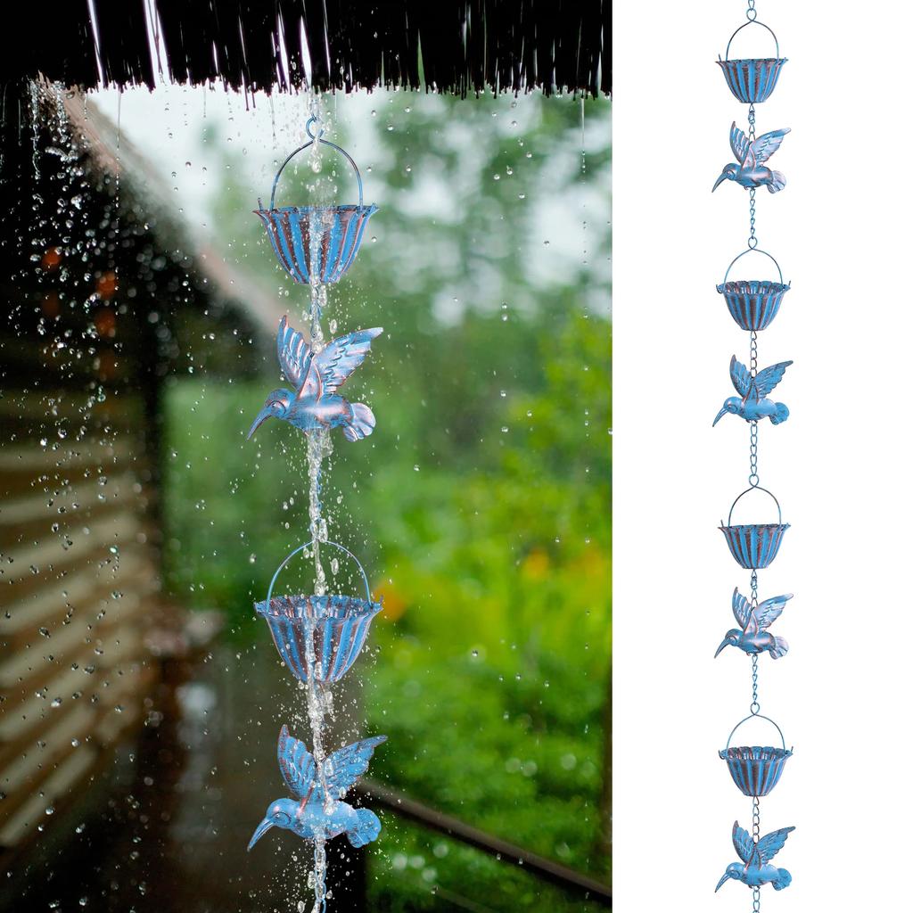Hummingbird and Cup Rain Chain Metal Rain Catcher Chain For Gutter Roof Decoration Metal Drainage Rain Chain Outdoor Garden Deco