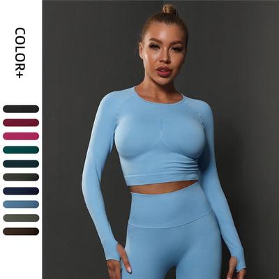Damen-Langarm-Yoga-Top, nahtloses Fitnessstudio, Lauf-T-Shirt, schlankes, elastisches Fitness-Sport-Crop-Top