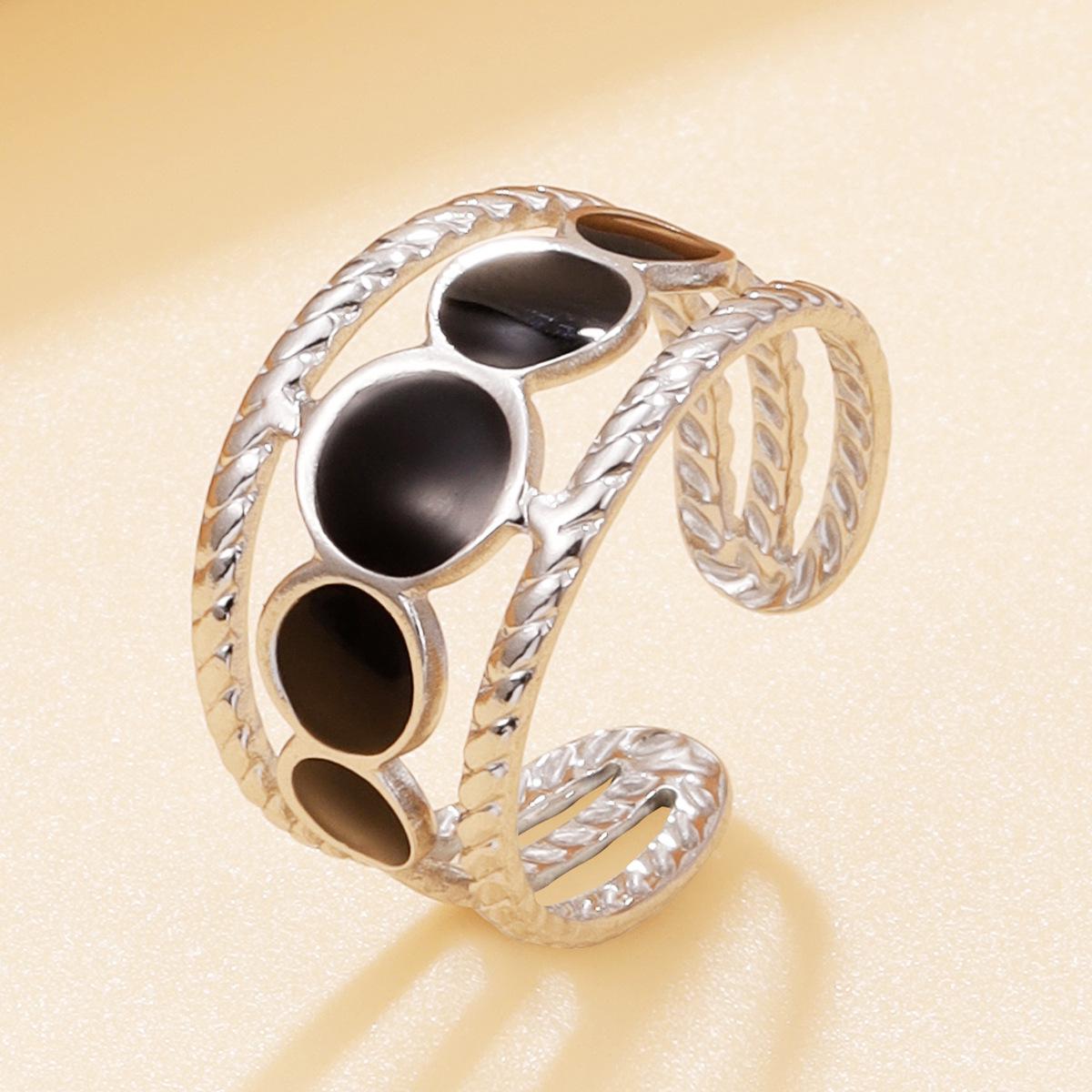 European Retro Mother-of-Pearl Enamel Geometric Ring, Stainless Steel with 18K Gold Plating.