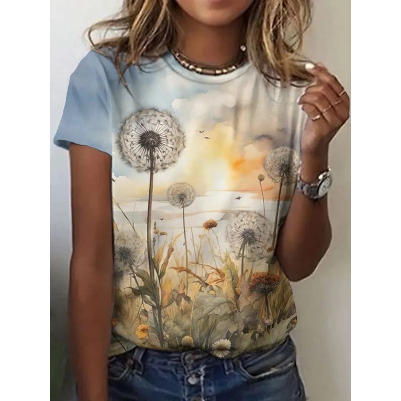 3D Printed Dandelion Pattern Women's T-shirt Summer Breathable Fashion Casual Versatile