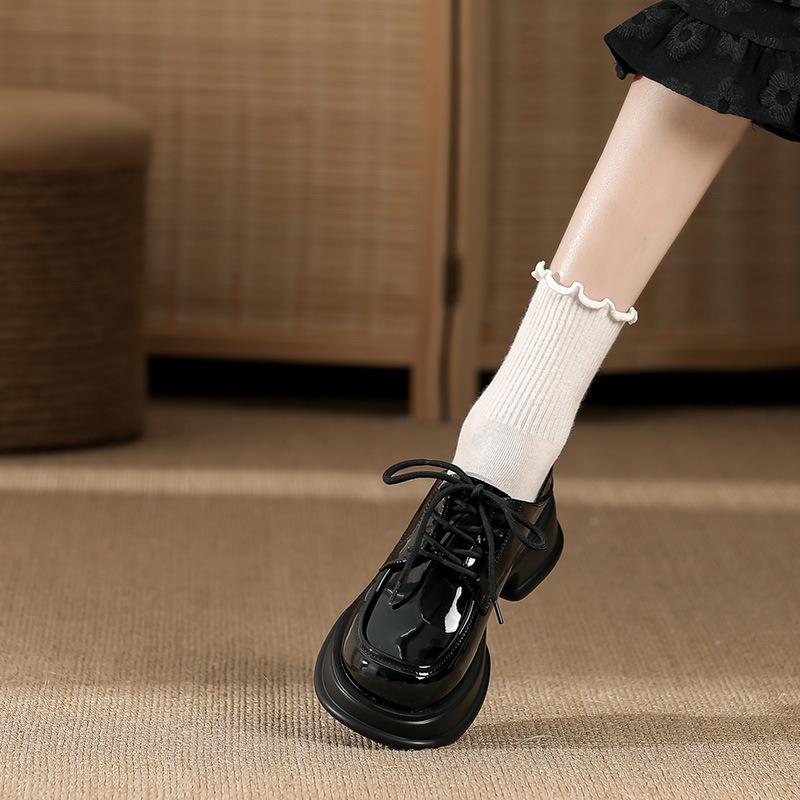 New retro black single shoes women's autumn round head lace-up versatile platform small leather shoes