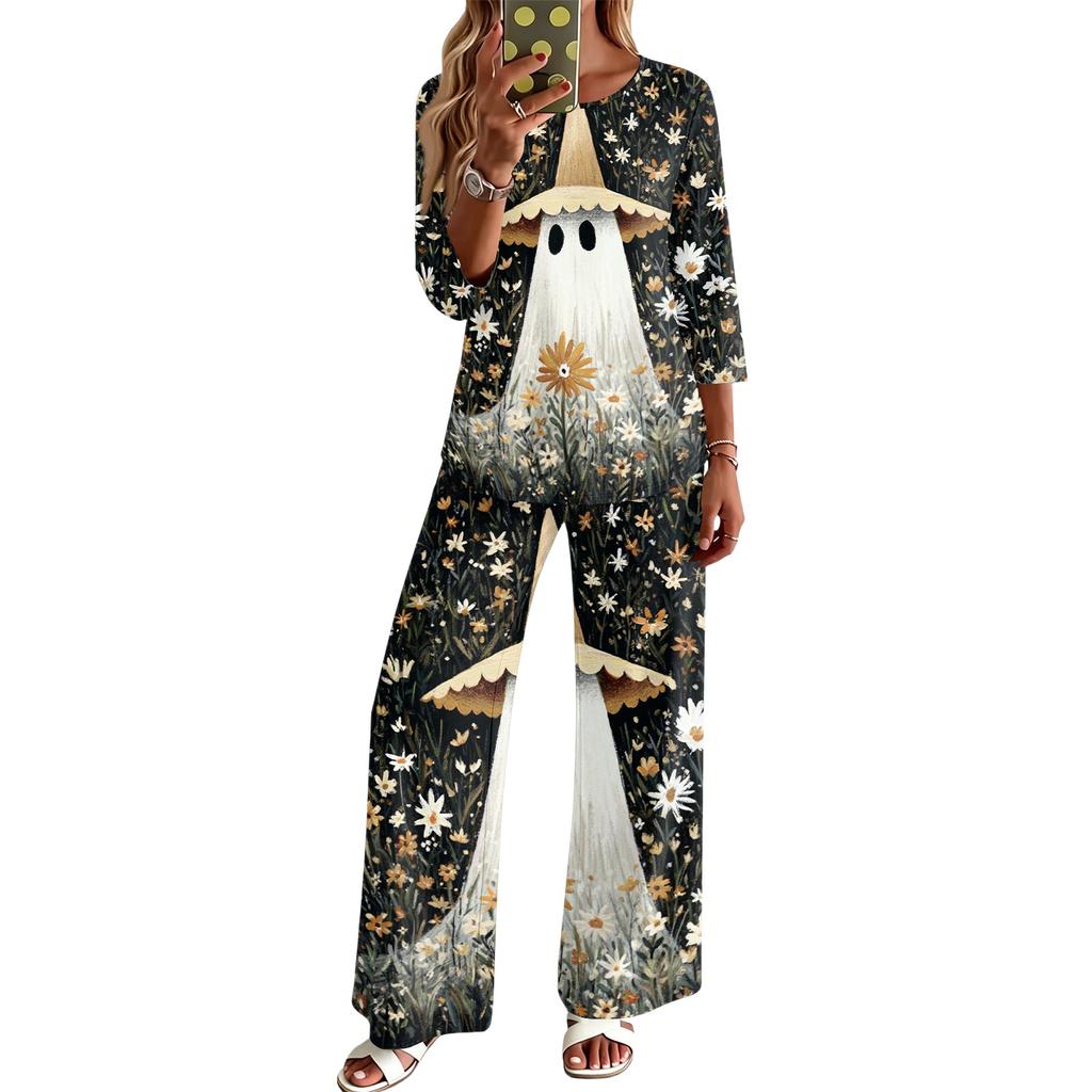 Women's Casual Round Neck Loose Fit Three-Quarter Sleeve Top and Pants Set for Everyday Wear