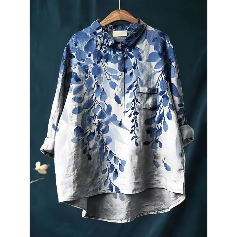 

European Plus Size Women s Clothing Retro Artistic Hong Kong Style Breasted Floral Loose Mid Length Long Length Casual Long Sleeves Shirt M-3XL 2032 Blue Leaf Long sleeves M