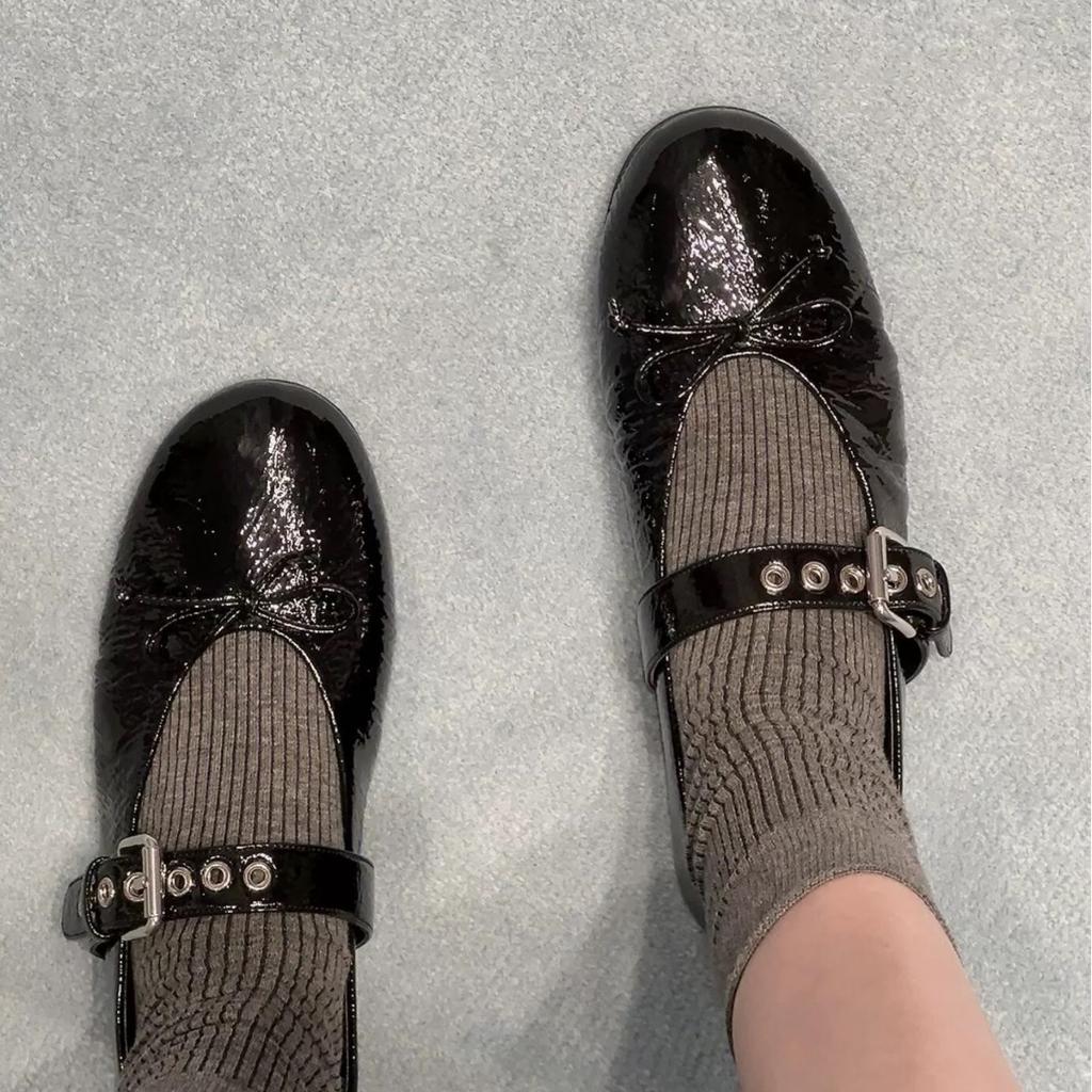 Genuine Leather Korean Version of Niche Round Head Shallow Mouth Bow with Mary Jane Single Shoes Women's Spring and Autumn Flat Ballet Shoes