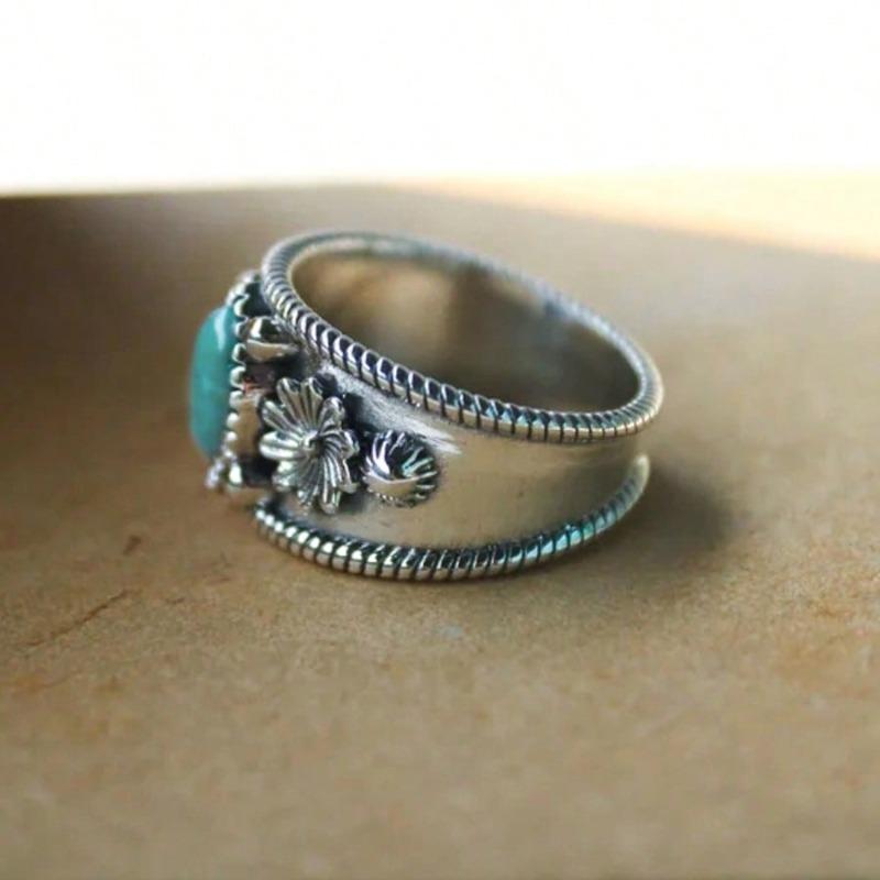 Vintage Flower Bohemian Imitation Turquoise Silver Color Metal Women Ring Suitable for Party Gathering Dinner