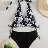 European & American Black Print Halter Bikini Swimsuit