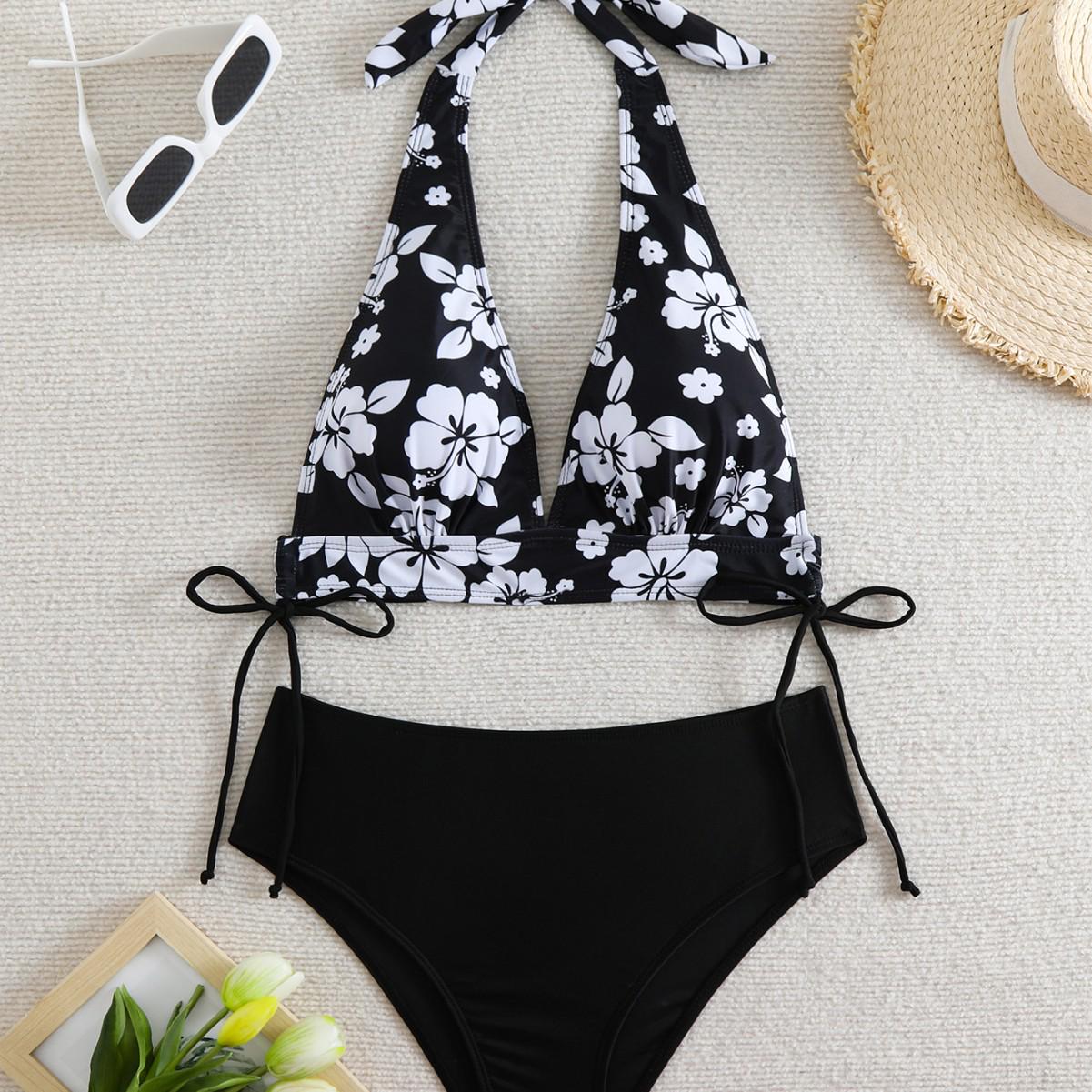 

European & American Black Print Halter Bikini Swimsuit Small