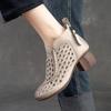 Johnature Hollow Out Boots Round Toe Breathable Back Zipper Genuine Leather Sandals Retro Mid Heel Women's Shoes