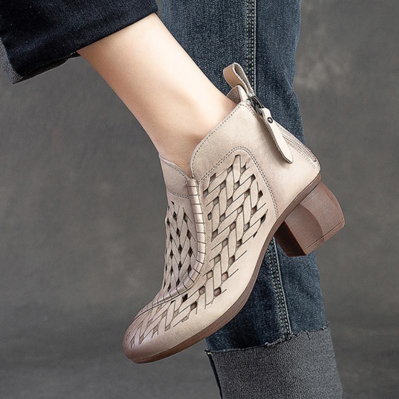 Johnature Hollow Out Boots Round Toe Breathable Back Zipper Genuine Leather Sandals Retro Mid Heel Women's Shoes