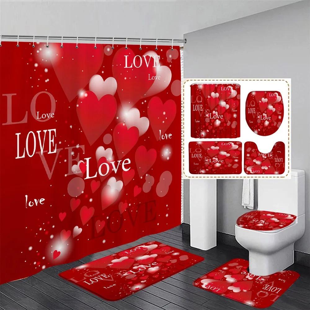 Valentine'S Day Shower Curtain Set Red Heart Shaped Rose Flowers Lovers Gift Home Bathroom Decoration Bath Mats Toilet Lid Cover