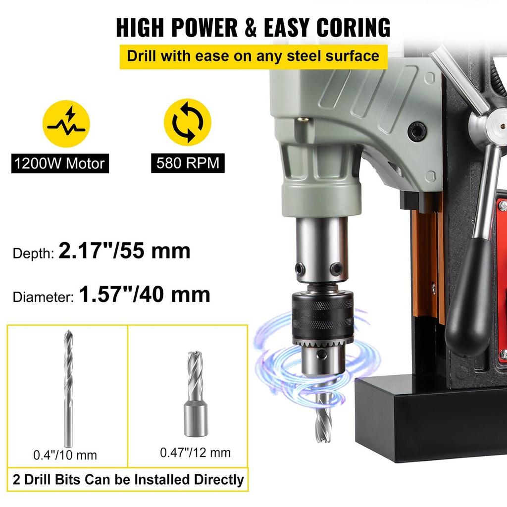 Magnetic Drill, 1200W 1.57" Boring Diameter, 2922lbf/13000N Portable Electric Mag Drill Press with Variable Speed, 580 RPM Drilling Machine for Any