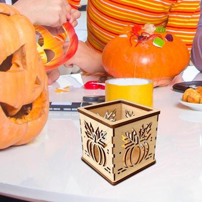 Wood Candle Holders Handcraft Wooden Square Cutout Pumpkin Lantern Fall Decorations Pumpkin Lantern With Electric Candle Holiday