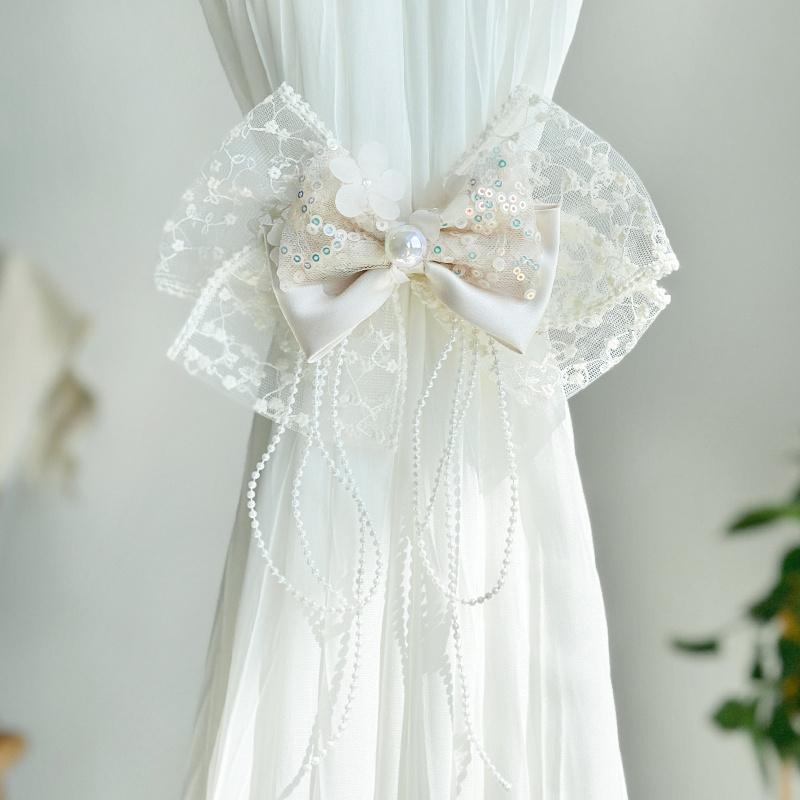 Elegantní růžová krajková mašle na závazek závěsů - francouzský romantický styl, klip na závěsy bez nutnosti vrtání s květinovými vzory