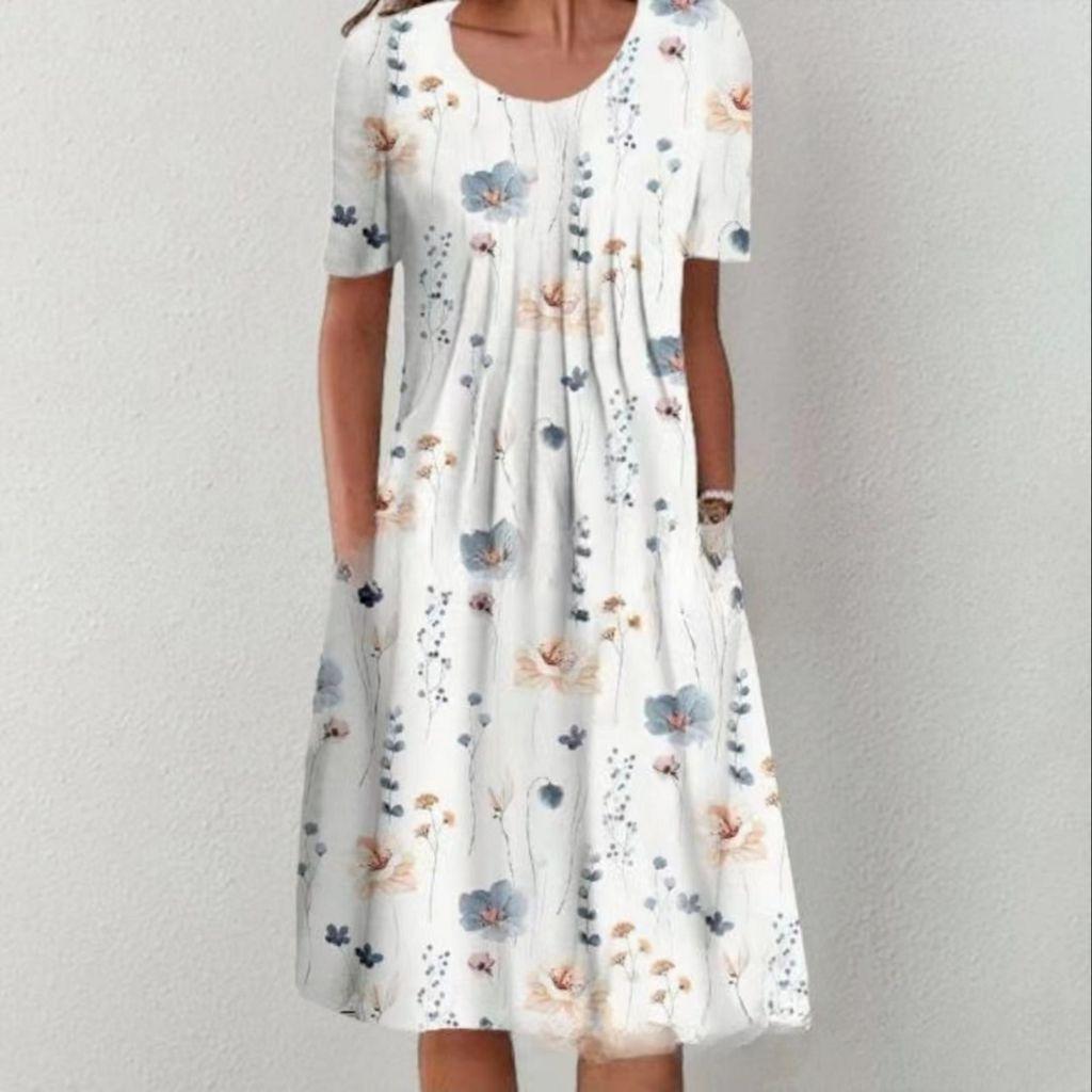 Floral Print A Line Dress With Pleated Details For Summer Casual Wear