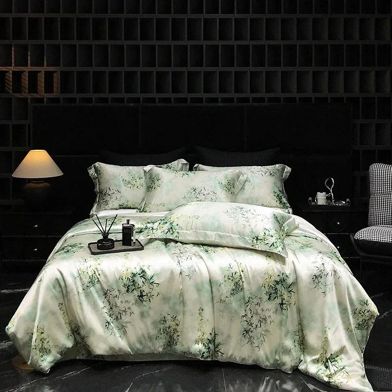 Luxury High-end Silk Bedding Set Silky Satin Quilt Cover Set Printed Queen King Duvet Cover Soft Gift for Your Lover Friends