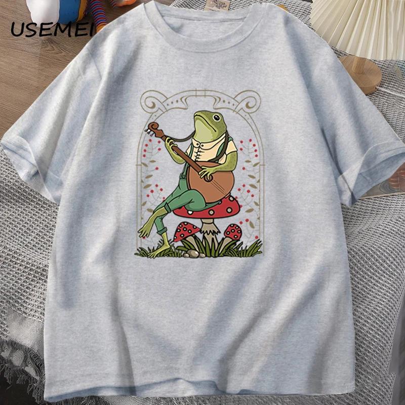 Cute Cottagecore Frog Playing Banjo T Shirts Men Women Cotton Funny Mushroom Naturecore T Shirt Summer Casual Short Sleeve Tees