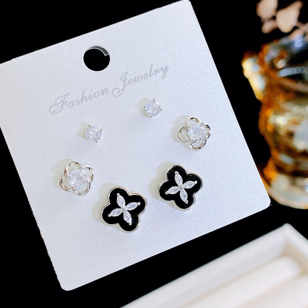 Kanamina Prachtige Vierklapper Diamant-Belegde Oorbellen, s925 Zilver, Veelzijdig Modeaccessoire (Set van Drie Paren)