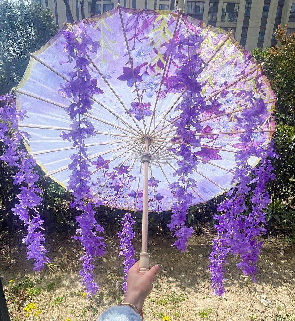 Fioletowy Lawendowy Anime Parasol z Wentylatorem Wiatroodporny Na Plażę Taniec Cosplay Parasol z Papieru Olejnego Parasol Hanfu