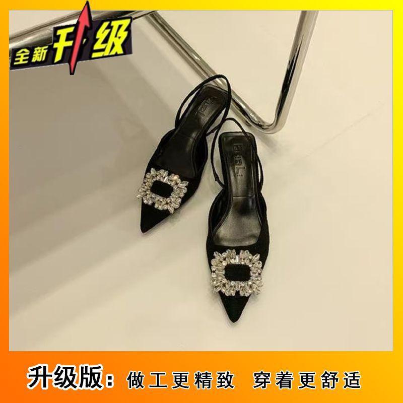 Square Buckle Rhinestone Pointed Head Shallow Mouth Rear Empty Thin Heel High Heel Sandals Women's 2025 New Bag Head Cool Slippers Women