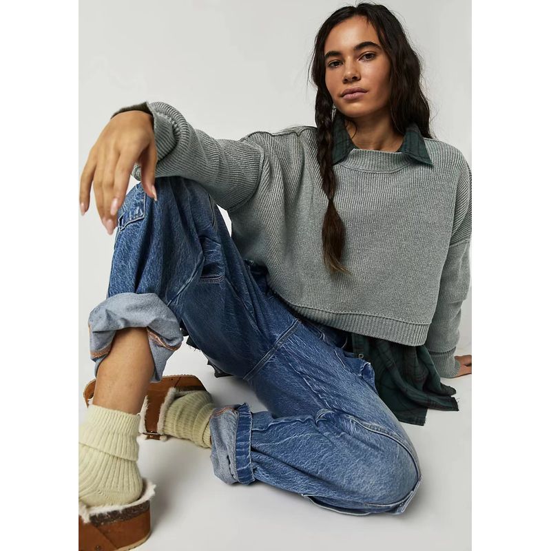 European and American Fashion Round Neck Loose Pullover Knit Sweater Round Neck Neck Loose Knit Sweater