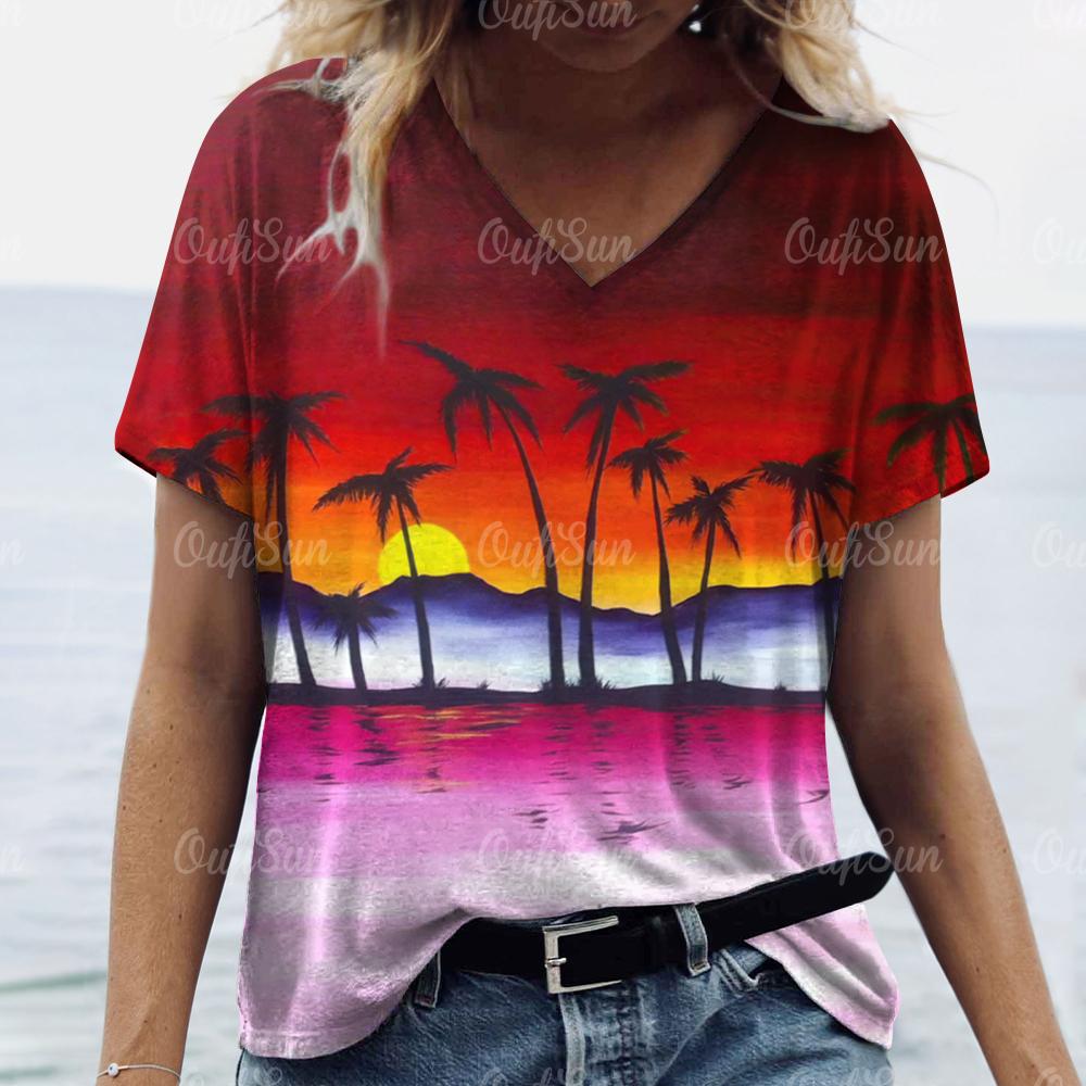 New Women T-shirt Cocoanut Tree Print Oversized Women's Trending Clothing Fashion Short Sleeve Shirt Women V-Neck Blouse 2024