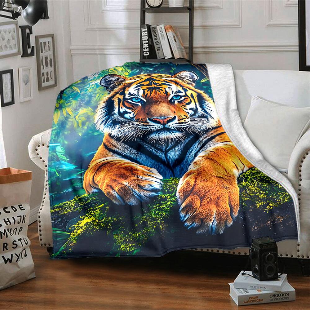 1pc Tiger Print Blanket, Lightweight Flannel Fleece with Digital Printing, Soft Warm for Sofa, Travel, Camping, Office, Couch, Chair, and Bed, All-Sea