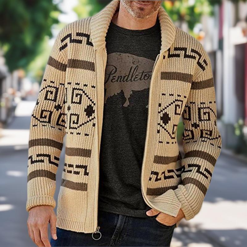 Autumn and Winter New Design Pattern Men's Fashionable Lapel Casual Cardigan Long Sleeved Jacquard Knitted High Weight Sweater Zipper Jacket